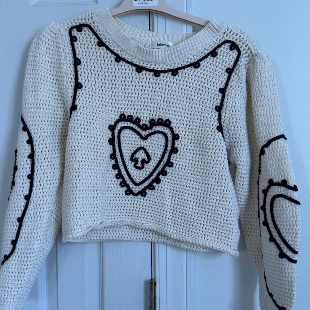 Cream and Black Heart Pattern Knit Sweater